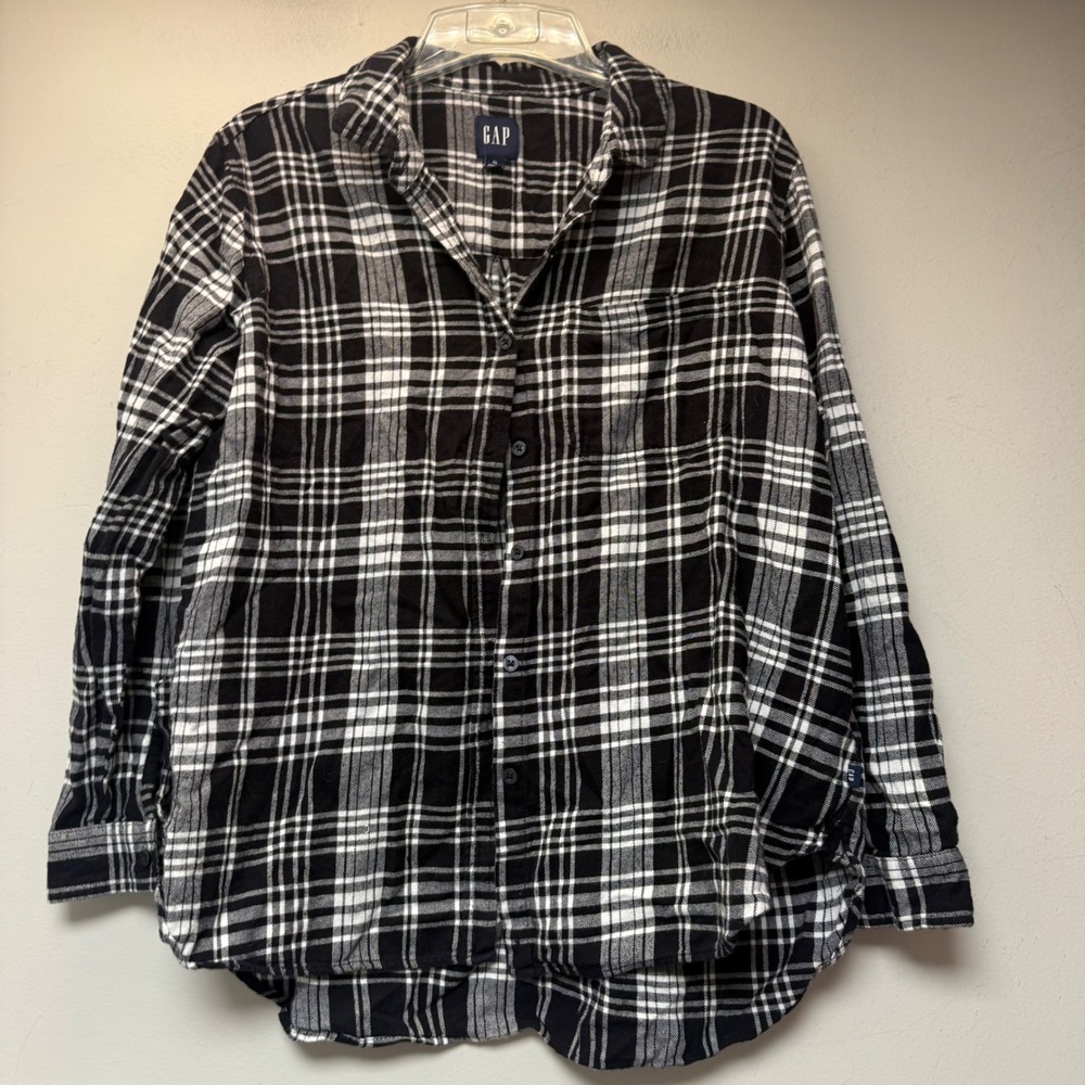 Gap Flannel Shirt Womens XL Black White Excellent Plaid Button Up Oversized